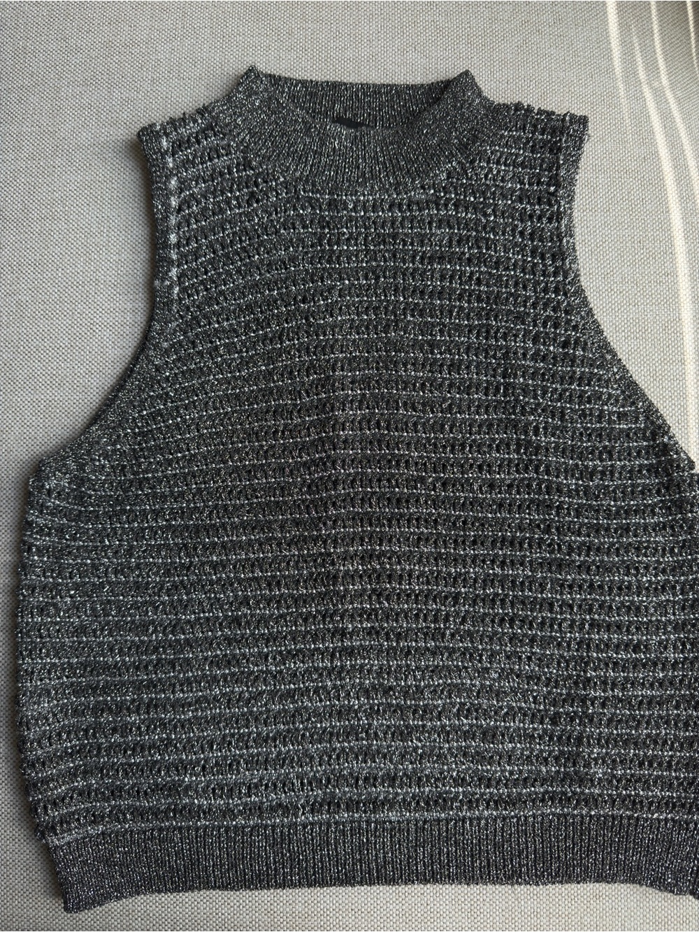 Sleeveless Metallic Knit silver and black Mock Neck Tank
